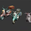 Three Colorful Delivery Scooters With Red Blue Gray Boxes On Black Reflective Surface