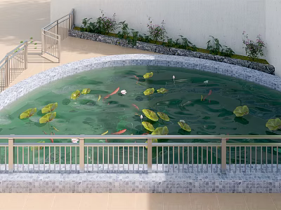 Large Curved Indoor Aquarium Featuring Koi Fish Lily Pads and Green Plants 3d model