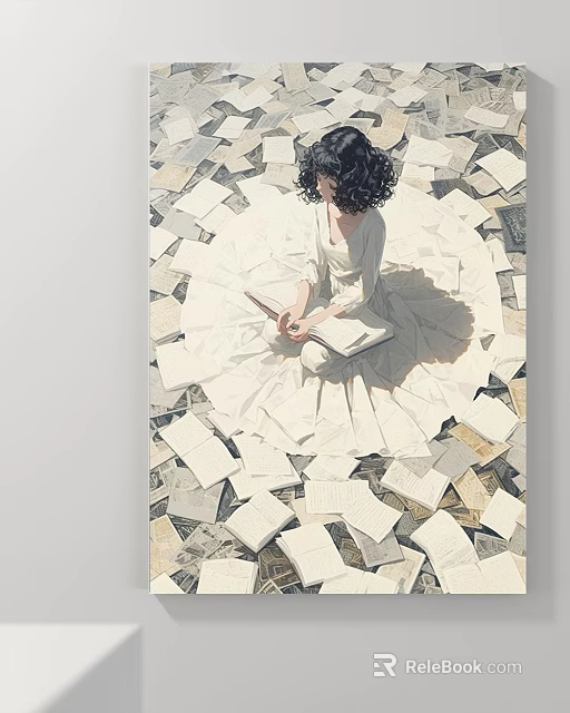 Abstract Painting Of Woman In White Dress With Curly Hair Reading Book On Scattered Papers 3d model 