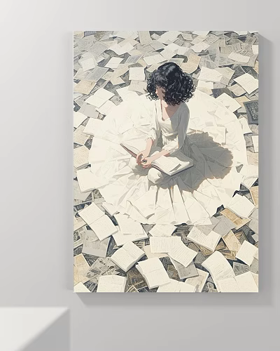 Abstract Painting Of Woman In White Dress With Curly Hair Reading Book On Scattered Papers 3d model