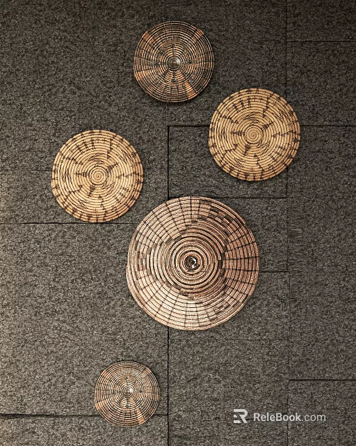 Woven Circular Wall Decor with Concentric Patterns on Gray Textured Wall 3d model