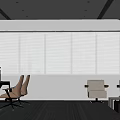 Modern Office Interior Featuring Large Windows White Blinds Desk Accent Chairs And Potted Plant