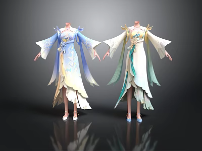 Traditional Style Dresses Two Pieces Blue White Green White With Elegant Sleeves And Floral Patterns 3d model