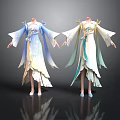 Traditional Style Dresses Two Pieces Blue White Green White With Elegant Sleeves And Floral Patterns