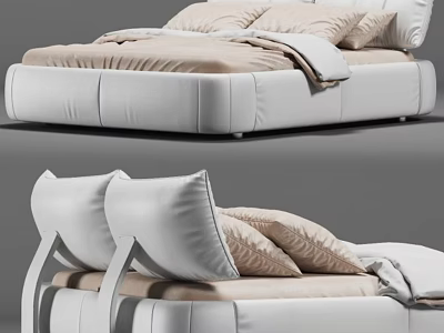 Modern Double Bed With White Frame Beige Mattress And Comfortable Pillows 3d model