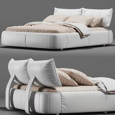 Modern Double Bed With White Frame Beige Mattress And Comfortable Pillows 3d model
