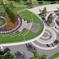Park Landscape With Lush Trees Open Plaza Winding Paths And Green Lawns