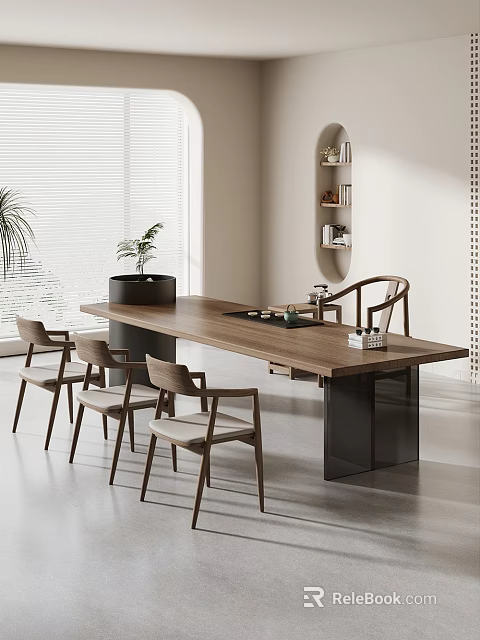 Modern Wooden Tea Table and Chairs with Tea Set Potted Plant Bookshelf and Blinds 3d model 