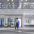 Modern Exhibition Hall Interior With Digital Screens Display Cabinets And Visitors