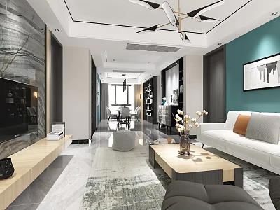 Modern Living And Dining Room Interior With Sofa Coffee Table TV And Dining Set 3d model
