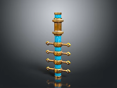 Ornamental Blue And Golden Weapon With Tiered Structure And Intricate Decorative Details 3d model