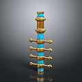 Ornamental Blue And Golden Weapon With Tiered Structure And Intricate Decorative Details