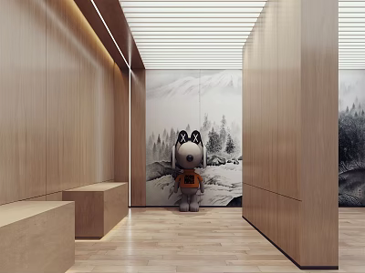 Modern Lounge Room With Wooden Walls Art Sculpture And Landscape Mural 3d model