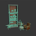 Classic Wooden Bookshelf With Books And Brown Leather Chair With Small Table