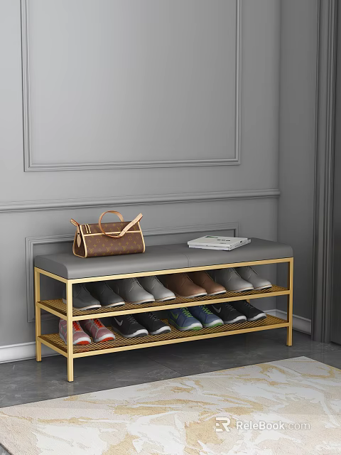 Shoe Cabinet with Bench Gold Frame Gray Cushion Brown Handbag Books and Various Colored Shoes 3d model 