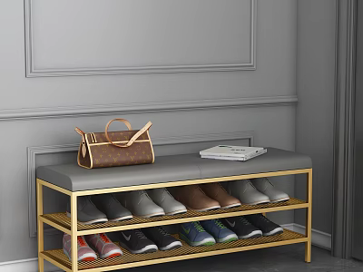 Shoe Cabinet with Bench Gold Frame Gray Cushion Brown Handbag Books and Various Colored Shoes 3d model
