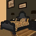 Classic Black Tufted Double Bed With Nightstands Lamps Framed Paintings Wooden Floor And Area Rug