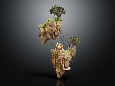 Garden Landscape Featuring Floating Rock Formation Lush Plants Hanging Vines And Small Decorative Structure 3d model