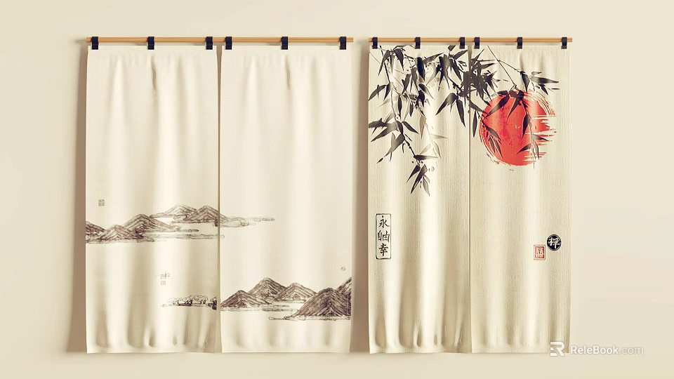 Traditional Chinese Style Kitchen Curtains With Landscape Painting Bamboo And Red Sun 3d model 