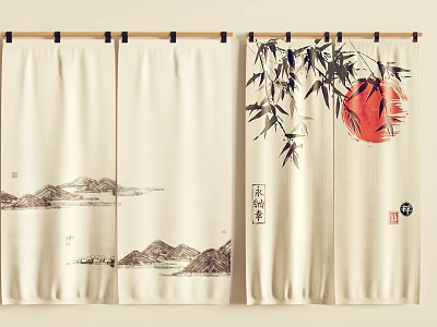 Traditional Chinese Style Kitchen Curtains With Landscape Painting Bamboo And Red Sun 3d model
