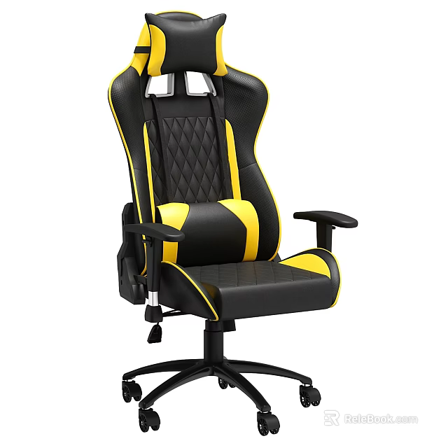 Black And Yellow Gaming Chair With Diamond Stitching Adjustable Armrests And Wheels 3d model 