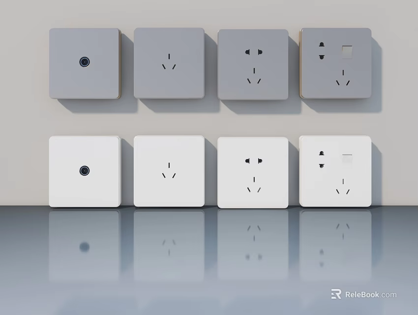 White and Gray Electrical Sockets with Various Plug Types on Wall and Reflection 3d model 