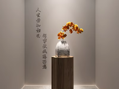 Orange Flowers in Glass Vase on Wooden Stand with Calligraphy Background Wall Decor 3d model