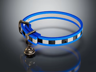 Blue Reflective Pet Collar With Black White Checkered Design And Bell 3d model