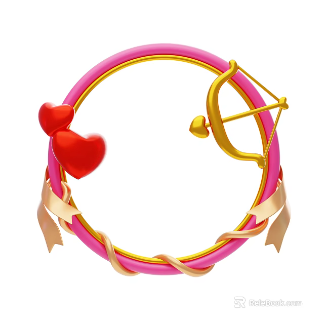 Decorative Ornament Set with Pink Circular Frame Golden Bow Arrow Red Hearts and Beige Ribbons 3d model 