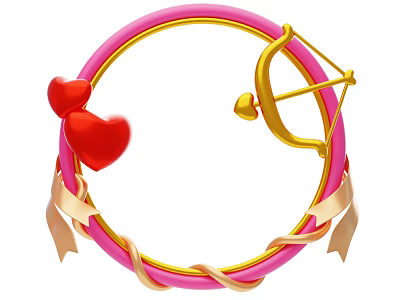 Decorative Ornament Set with Pink Circular Frame Golden Bow Arrow Red Hearts and Beige Ribbons 3d model