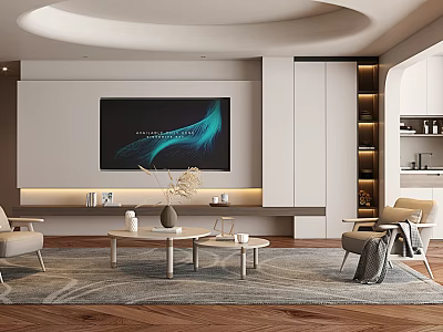 Modern TV Background Wall Design In Living Room With Decorative Shelves And Soft Lighting 3d model