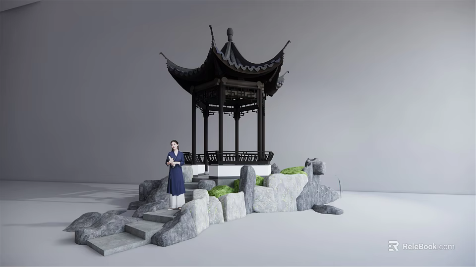 Traditional Chinese Pavilion Black Roof Stone Steps Green Plants and Person in Traditional Clothing 3d model 