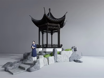 Traditional Chinese Pavilion Black Roof Stone Steps Green Plants and Person in Traditional Clothing 3d model