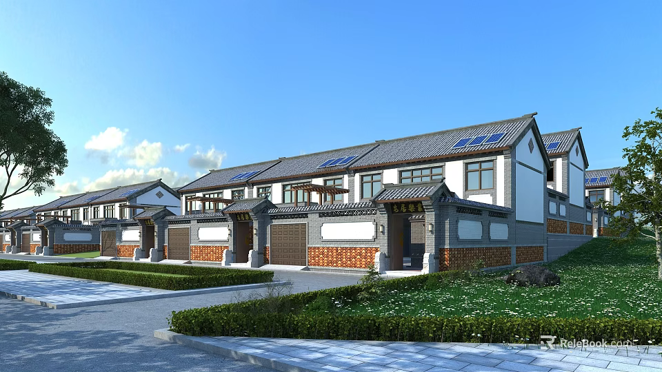 Chinese Style Townhouse Exterior Design With Gray Tiled Roof White Gray Walls And Lawn Courtyard 3d model 
