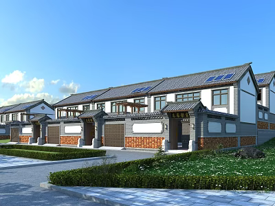 Chinese Style Townhouse Exterior Design With Gray Tiled Roof White Gray Walls And Lawn Courtyard 3d model