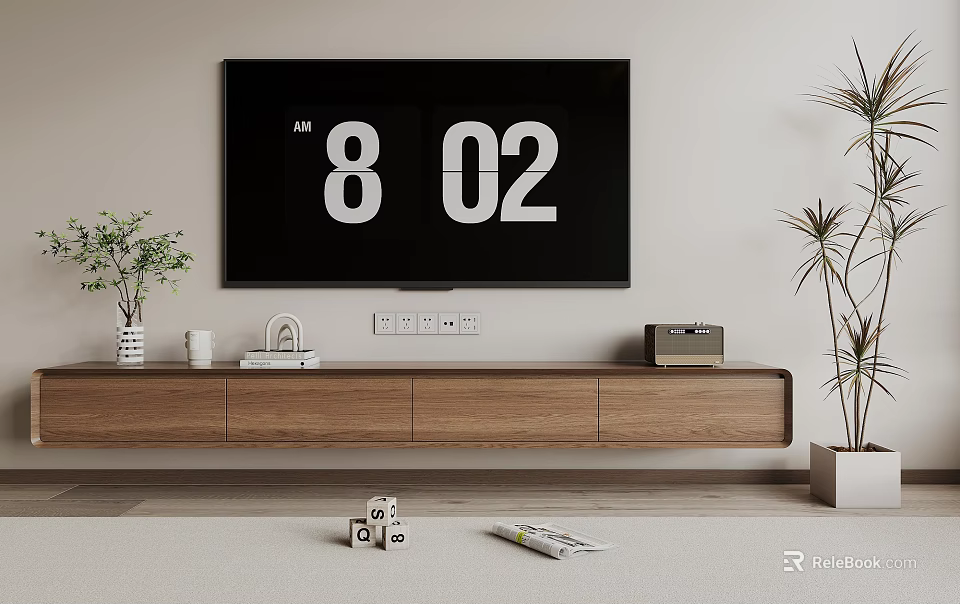 Modern Wooden TV Stand With Wall Mounted TV Radio Books Cup And Plants 3d model 