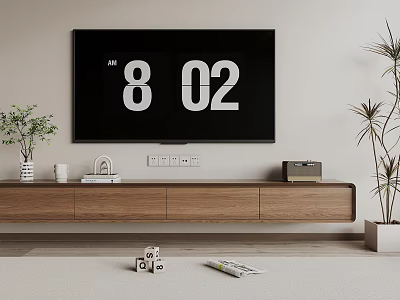 Modern Wooden TV Stand With Wall Mounted TV Radio Books Cup And Plants 3d model