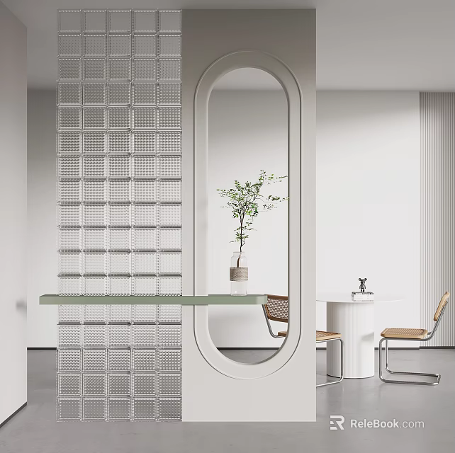 Minimalist Dining Table Set With Glass Top Mirror Green Plant And Chairs 3d model 