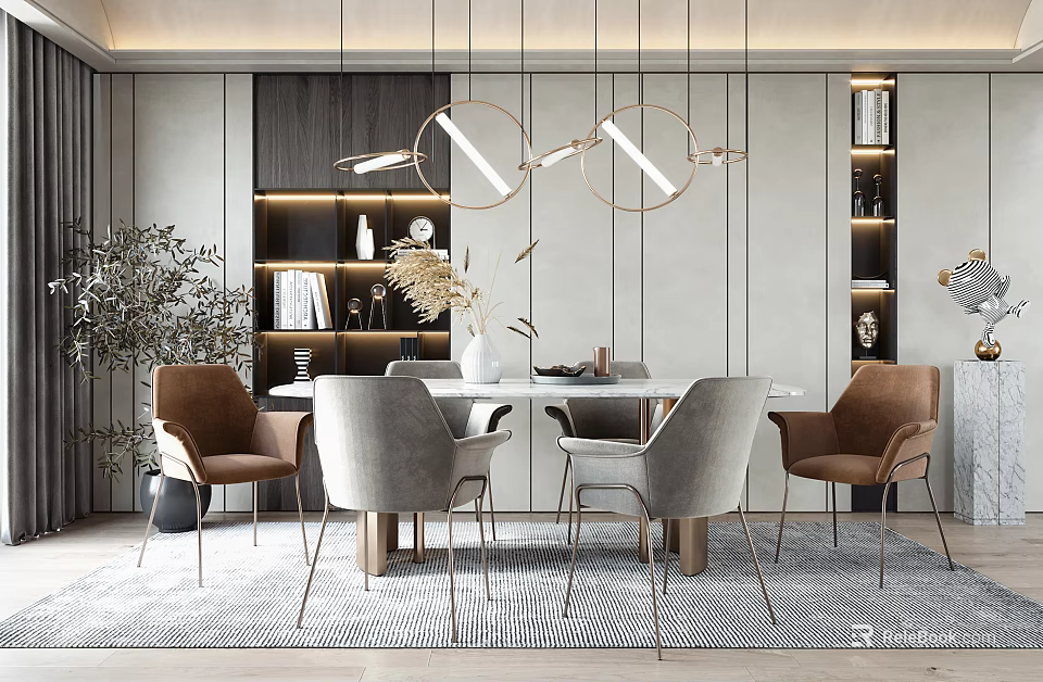 Modern Restaurant Interior Design With Round Pendant Lights Dining Table Chairs And Plants 3d model