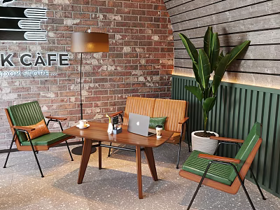 K Cafe Interior Featuring Brick Wall Wooden Panel Green Chairs Brown Bench And Large Plant 3d model