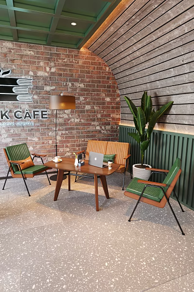 K Cafe Interior Featuring Brick Wall Wooden Panel Green Chairs Brown Bench And Large Plant 3d model