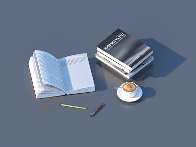 Everyday Life Supplies With Open Notebook Stacked Books Coffee Cup And Pens 3d model