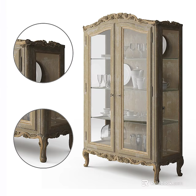 Vintage Wooden Display Cabinet With Glass Doors Carved Details And Ornate Legs 3d model 
