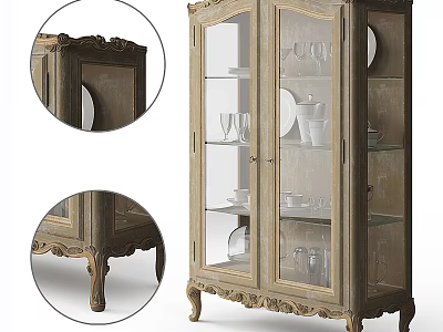 Vintage Wooden Display Cabinet With Glass Doors Carved Details And Ornate Legs 3d model