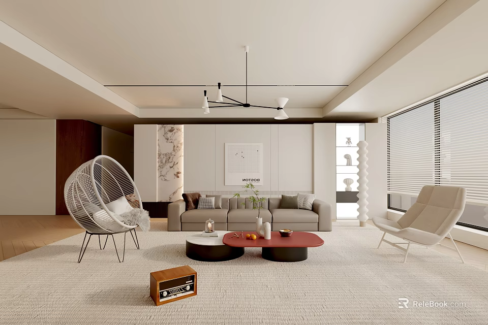 Modern Living Room Interior Design With Sofa Coffee Table Hanging Chair And Area Rug 3d model 