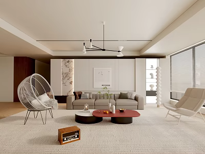 Modern Living Room Interior Design With Sofa Coffee Table Hanging Chair And Area Rug 3d model