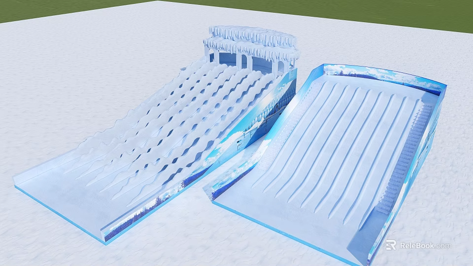 Blue And White Snow Themed Playground Slides With Wavy And Grid Surfaces For Outdoor Fun 3d model 