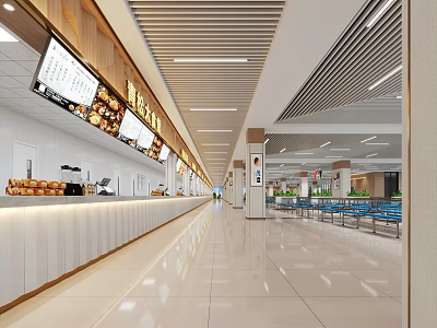 Bright Long Dining Hall With White Counters Blue Seats And Menu Screens 3d model
