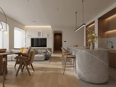 Warm Minimalist Open Concept Living And Dining Room Interior Design With Stone Kitchen Island 3d model