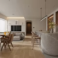 Warm Minimalist Open Concept Living And Dining Room Interior Design With Stone Kitchen Island